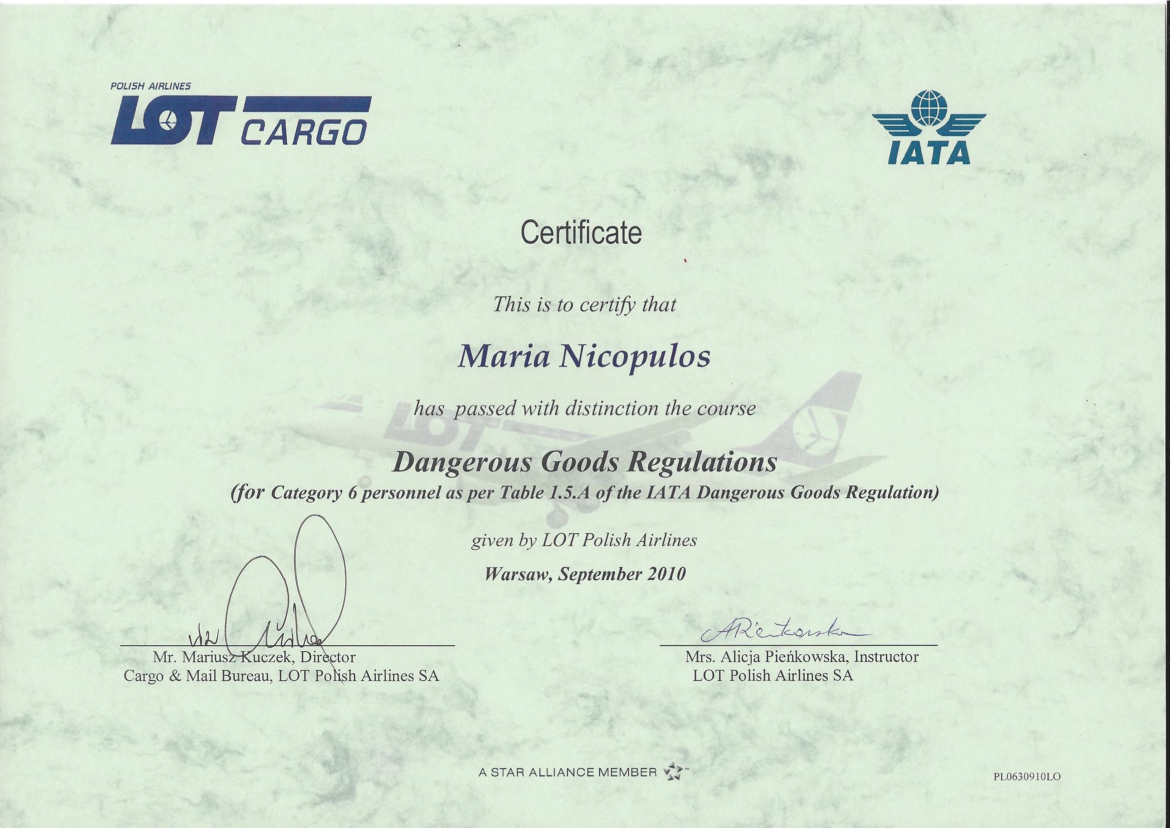 Świadectwo IATA 2010 Maria Nicopulos