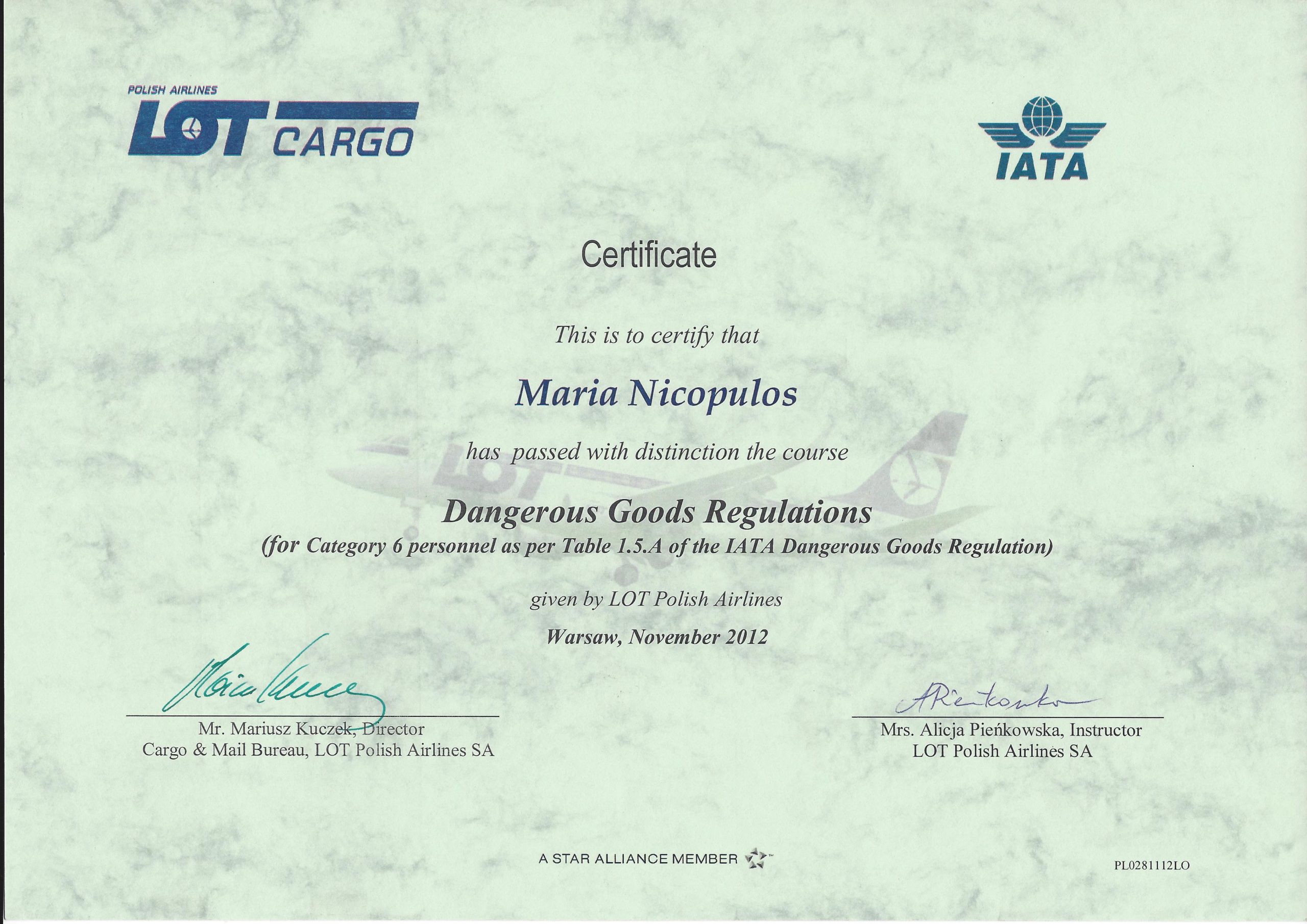 Świadectwo IATA 2012 Maria Nicopulos